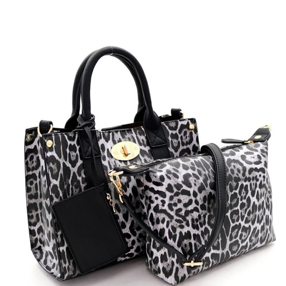 Fashion 3 pcs Black Handbag Set Leopard Print Tote Medium Satchel Bag - Picture 2 of 2